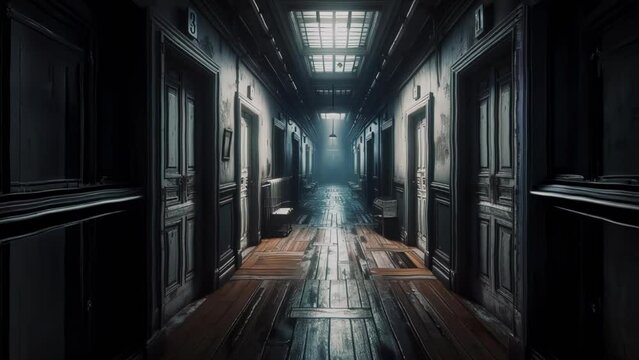 Aged Wood Floor Corridor: Flashing Light & Spooky Atmosphere