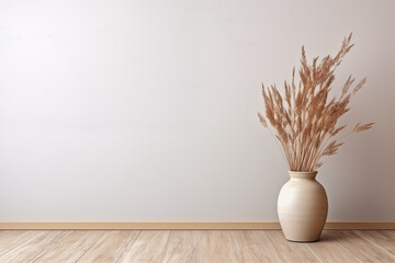 empty room interior wall mockup with wood floor, boho style, vase with dry grass, copy space - obrazy, fototapety, plakaty