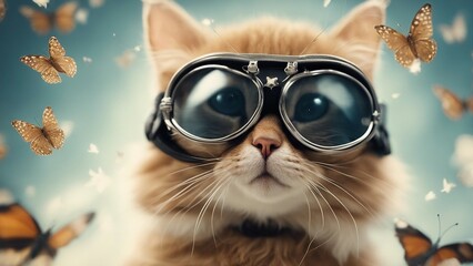 cat with googles A playful kitten with an amused expression, wearing a tiny aviator hat and goggles,   - obrazy, fototapety, plakaty