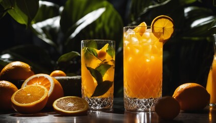 Fototapeta premium A glass of orange juice with a slice of orange and a sprig of mint