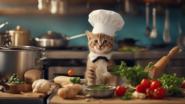 chef preparing food A mischievous kitten with a tiny  hat and apron, cooking in a miniature kitchen set,  