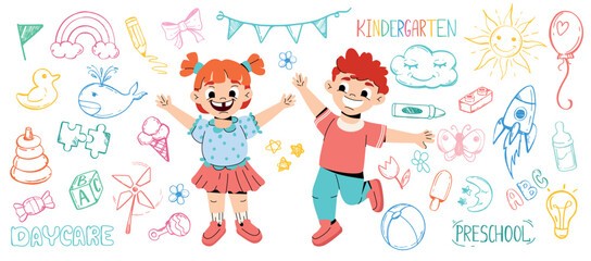 Funny cartoon kids in kindergarten play with toys. Preschool happy girl and boy with line art children icon collection. Daycare doodle. Child characters and hand drawn animals, candy, flowers, sun.