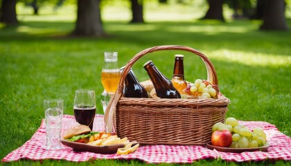 A picnic basket with beer and wine bottles, grapes, apples, and a sandwich