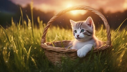 Fototapeta na wymiar cat in the grass highly intricately detailed photograph of Cute little kitten wearing chaplet inside a basket 