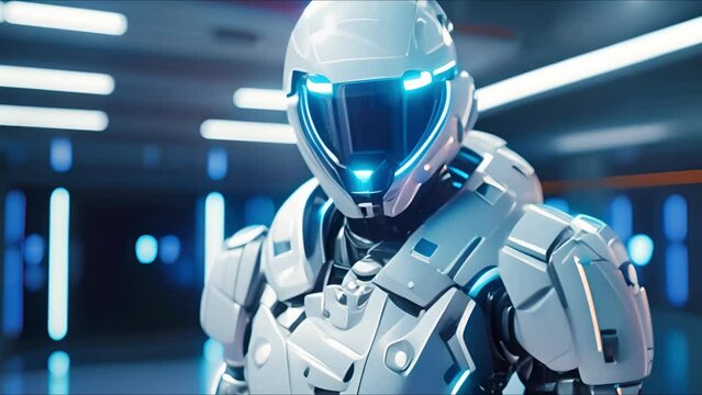 Combat robot in military metal armor. Futuristic cyborg security guard. Technology, robotics, artificial intelligence and future concept.