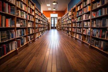 Warmly lit library aisle with rows of bookshelves and wooden floor leading to exit