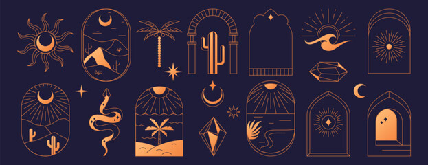 Boho logo set. Bohemian mystic line icons. Simple hand drawn arch magic esoteric symbols, astrology logos, frame design templates with desert landscape, cactus, sun, moon, crystal, palm and mountains.
