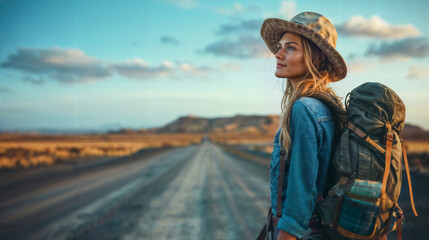 Adventurous Woman on Desert Road Journey. Generative AI