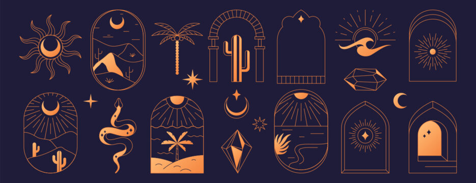 Boho logo set. Bohemian mystic line icons. Simple hand drawn arch magic esoteric symbols, astrology logos, frame design templates with desert landscape, cactus, sun, moon, crystal, palm and mountains.