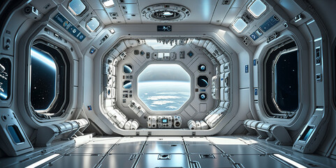 Inside of a Spacestation orbiting a Planet  - obrazy, fototapety, plakaty