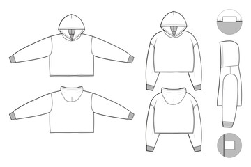 cropped oversized hoodie sweatshirt flat technical drawing illustration mock-up template for design and tech packs men or unisex fashion CAD streetwear oversized loose baggy
