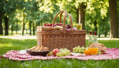 Fototapeta na wymiar A picnic basket filled with fruit, bread, and drinks