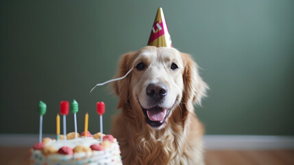 A cute golden retriver with a party hat wishes you a happy birthday