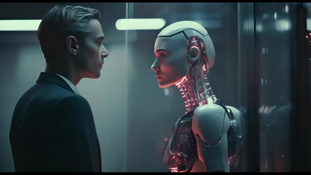 Couple in love: a man and a futuristic android robot. Technological sci-fi background. Relationship between human and artificial intelligence.
