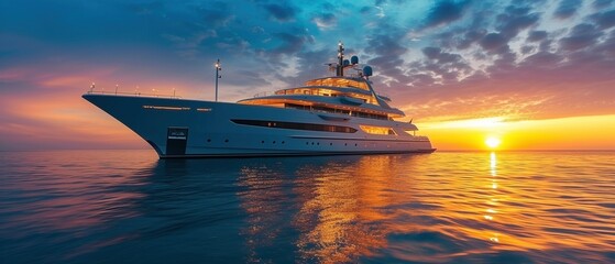 Luxury superyacht, megayacht at sunset - obrazy, fototapety, plakaty