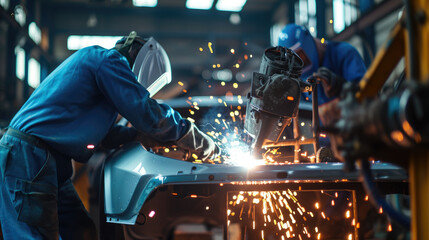 Fototapeta na wymiar A vivid photo of welders attaching a car chassis in their garage, illustrating the radiant and fiery sparks that emerge from the liquid metal.