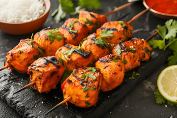 Indian chicken tikka and tandoori chicken kabab on skewers, a spicy and aromatic dish of traditional Indian cuisine - obrazy, fototapety, plakaty