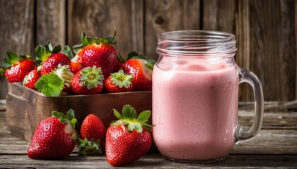 A glass jar filled with pink liquid sits next to a wooden bowl of strawberries - Powered by Adobe
