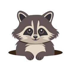 Illustration of a raccoon popping out of a hole on a white and transparent background. Flat