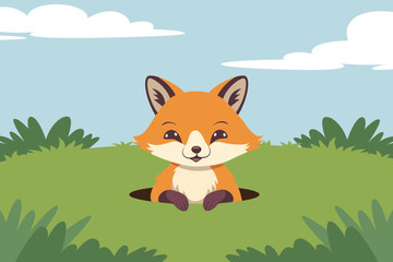 A fox comes out of a hole on a green lawn. Illustration in vector format.