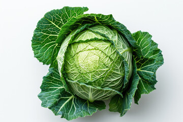 Obraz premium A Head of Cabbage on a White Background A single head of cabbage placed on a white background, showcasing its fresh and vibrant green leaves.