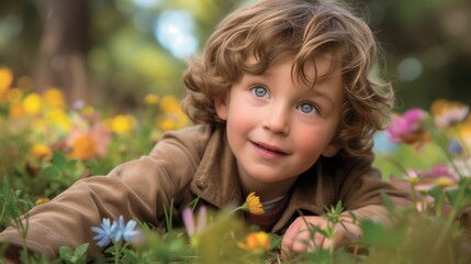 Young Boy Laying in Field of Flowers