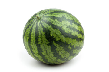 A watermelon is displayed on a plain white background, showcasing its vibrant colors and refreshing appearance.