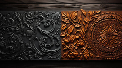 Vintage Brown Leather Upholstery Texture with Wooden Decoration,3d render of wood background with floral ornament. Wood texture.