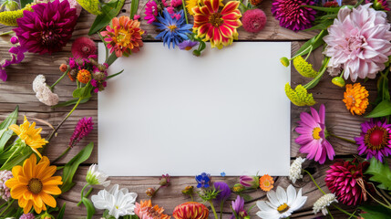Letter paper encircled by a diverse mix of colorful flowers on a dark wood background