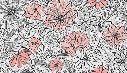Fototapeta na wymiar Abstract hand drawn seamless pattern illustration of line doodles. Nature background design with flower, leaf and wavy scribble.