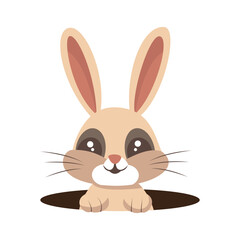 Illustration of a bunny or rabbit jumping out of a hole on a white and transparent background. Flat