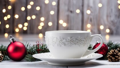A cup of coffee sits on a saucer in front of a Christmas tree