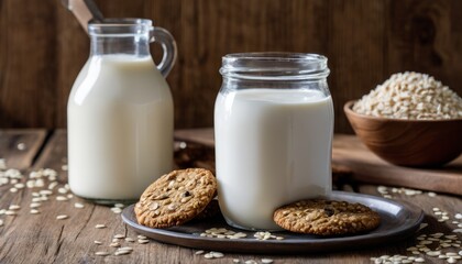 A glass of milk and a jar of milk on a table with cookies