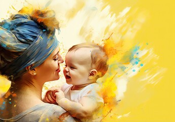 A loving mother holds a small child in her arms and enjoys a tender moment. Mom hugs the baby. Mother's Day holiday card in watercolor style. Motherhood. Illustration for cover, interior design, print