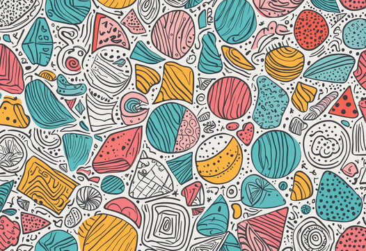 Set of fun colorful line doodle seamless pattern. Creative minimalist style art background collection for children or trendy design with basic shapes. Simple childish scribble backdrop bundle.. High