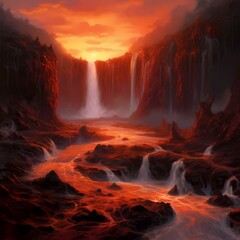 Majestic Lava Waterfall Scenery with Sunset Glow