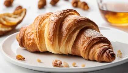 A croissant pastry on a white plate with nuts and a glass of honey