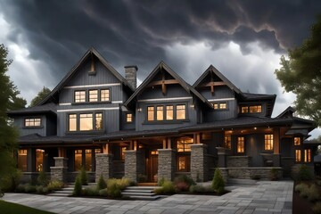 Fototapeta na wymiar A craftsman-style house showcasing a rich charcoal gray exterior, set against a dramatic stormy sky with flashes of lightning.