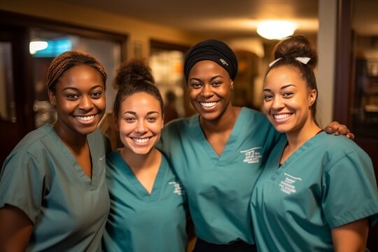Diverse team of young nursing students and doctor intern in scrubs, portrait in hospital setting