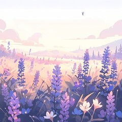Tranquil Lavender Field at Dawn with Pastel Sky and Flora