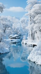 Snowy winter scene with a house reflected in a calm river