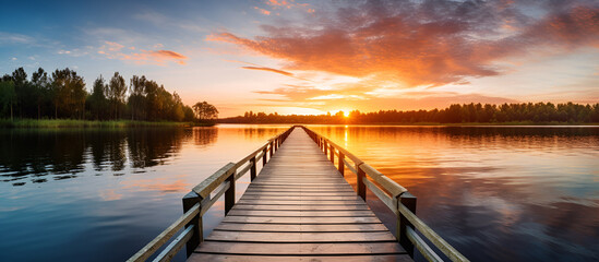 Wooden bridge on the calm lake with a sunset on horizon reflecting beauty of nature landscape Majestic Sight of the Sun Setting Over the Serene Expanse of the Lake.