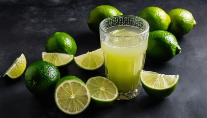 A glass of lime juice with sliced limes around it