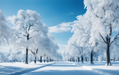 Snow-covered trees line a clear path under a bright blue sky