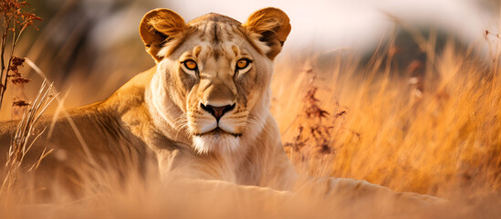 A lioness stalking through the tall grass, with only her piercing eyes visible capturing the lion's stealth and hunting prowess staring at sunset beauty.