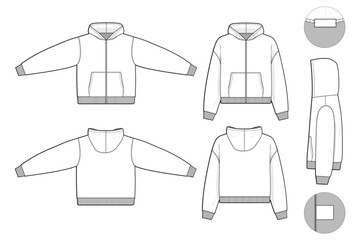 cropped zip hoodie sweatshirt flat technical drawing illustration mock-up template for design and tech packs men or unisex fashion CAD streetwear regular fit