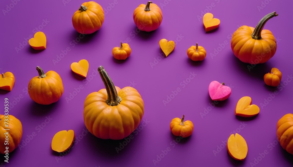 Poster A purple background with pumpkins and hearts