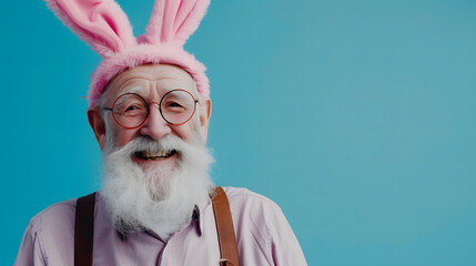 stylish Senior man in Easter bunny costume smiling positive emotions blue background with place for text