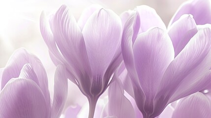 Fototapeta premium Close-up of delicately purple crocus flowers in a bouquet. Spring flowers growing in nature or gallery. Illustration for cover, postcard, greeting card, interior design, poster, brochure, presentation