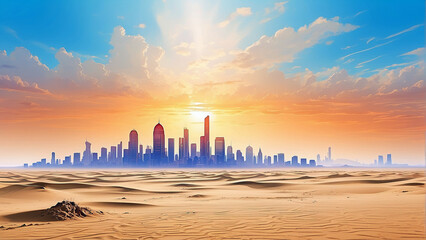 A surreal desert scene, with the sun beating down on the golden sand, creating a mirage of a city skyline rising from the horizon
